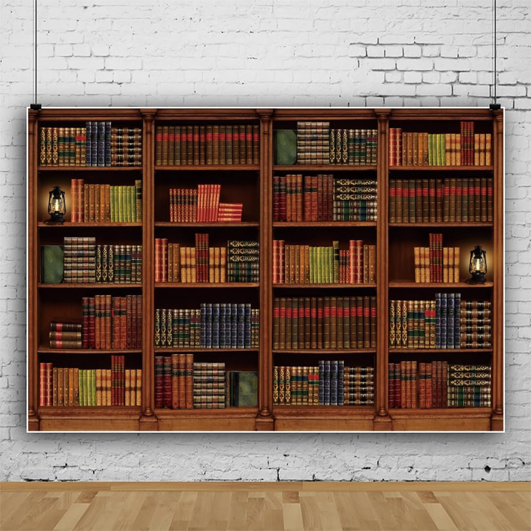 Vintage Wooden Bookshelf Backdrop for Photography 8X6Ft Library Books