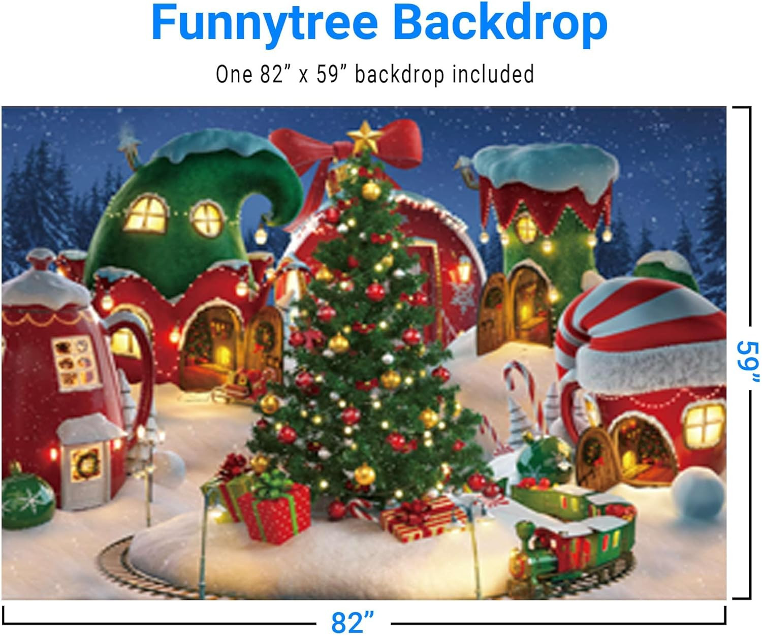 7x5FT Cartoon Christmas Village Photography Backdrop Winter Snow Pine Tree Backg