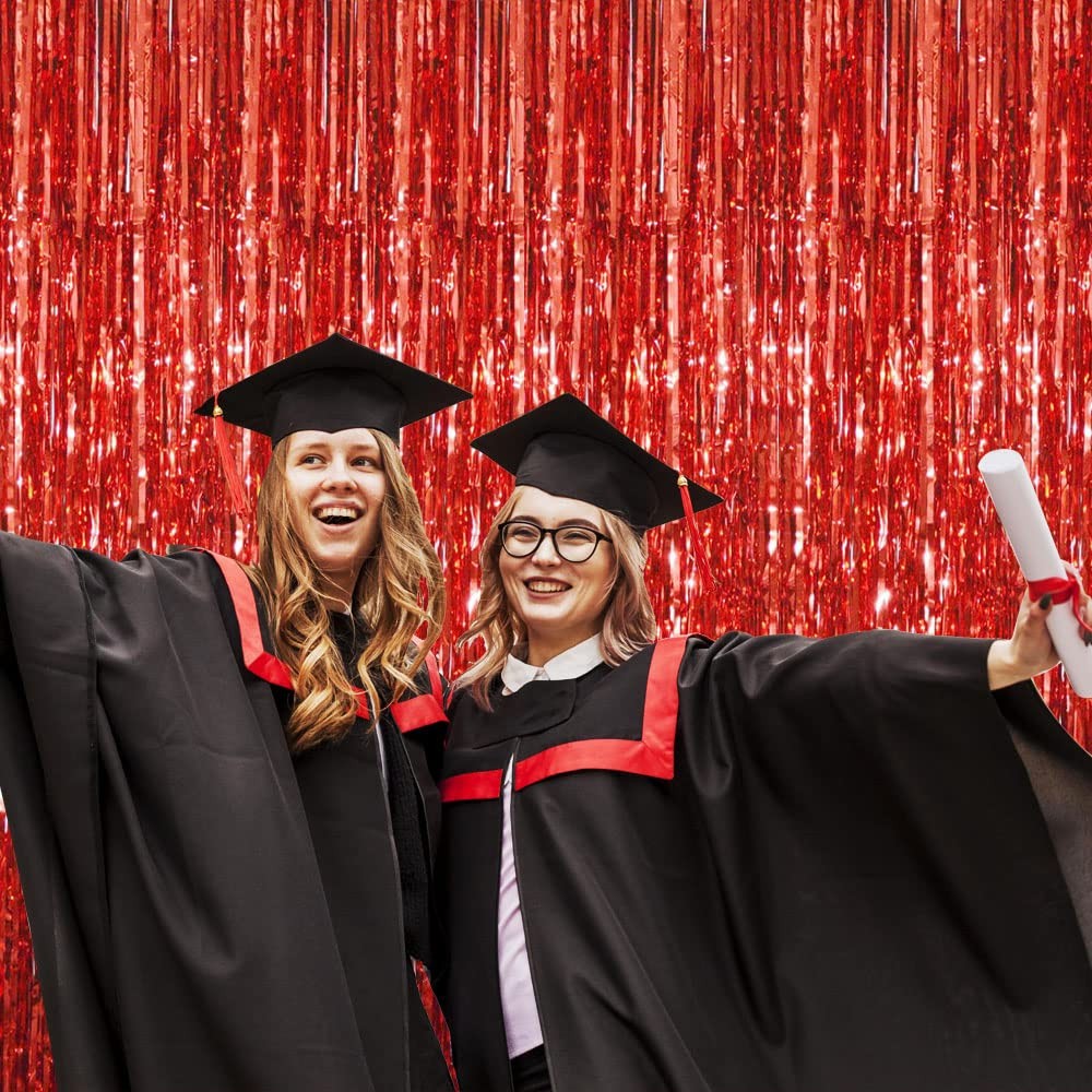 Red 2 Pack 3.2×9.8 FT Metallic Tinsel Foil Fringe Streamer Curtain Backdrop
