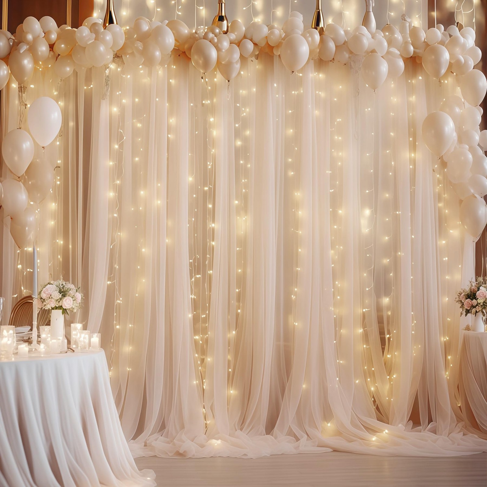 10×10ft Champagne Tulle Backdrop Curtain with Lights String for Parites, Shee…