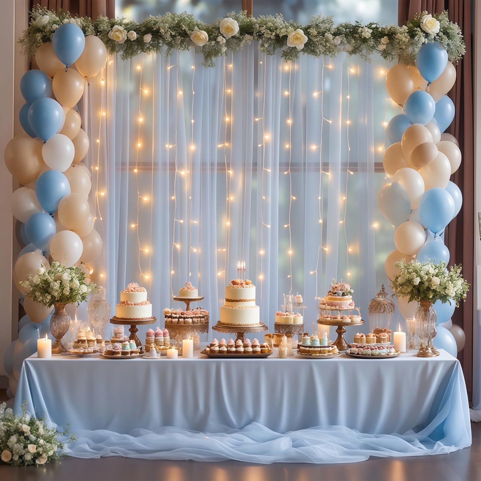 10×10ft Blue Tulle Backdrop Curtain with Lights String for Parties, Sheer Pho…
