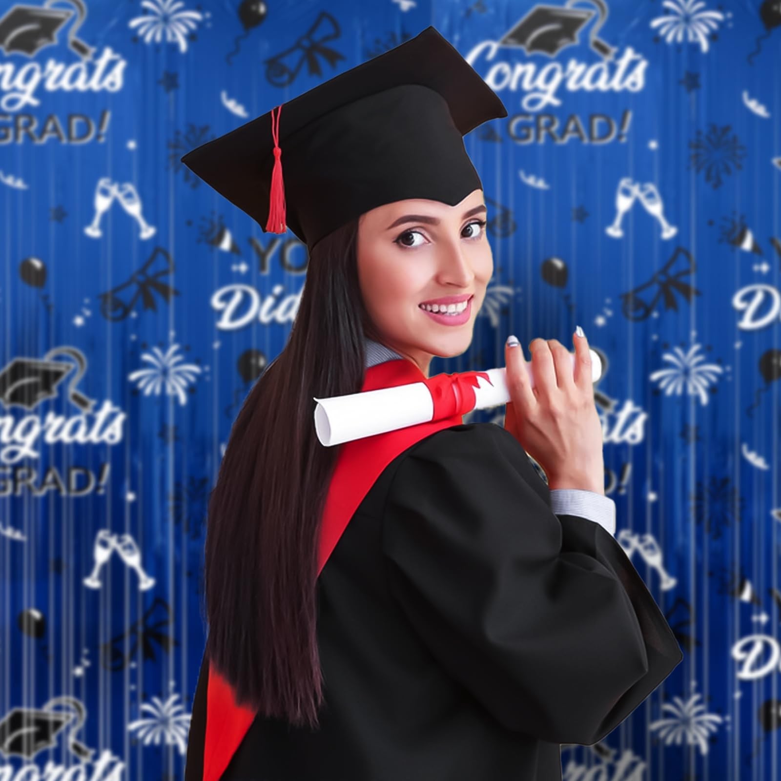 2025 Graduation Foil Fringe Curtains 2 Pack 3.2×6.5 ft Blue Black Graduation …