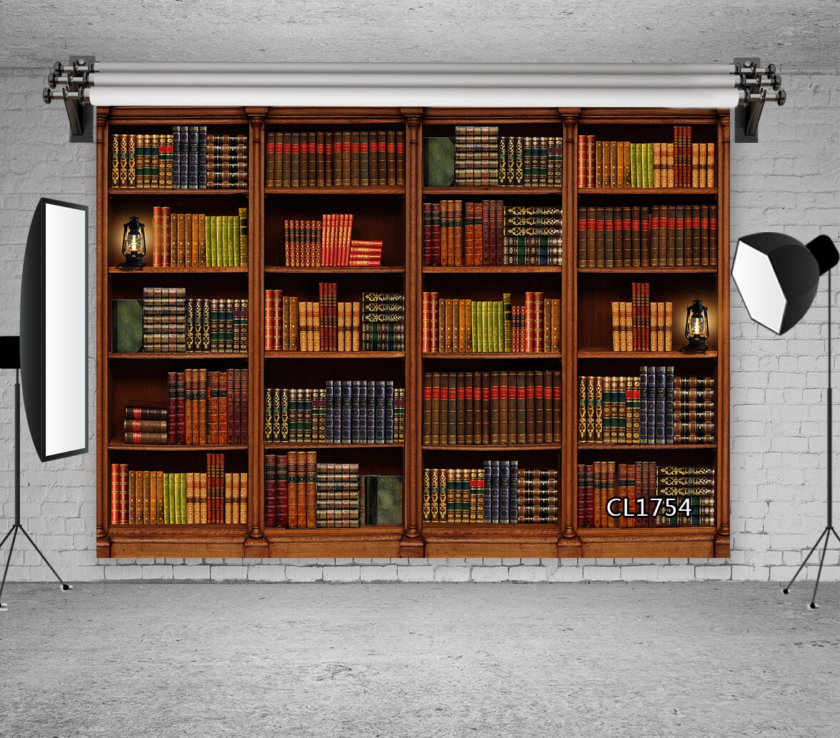 Vintage Wooden Bookshelf Vinyl Backdrop Library Books Background Studio Props