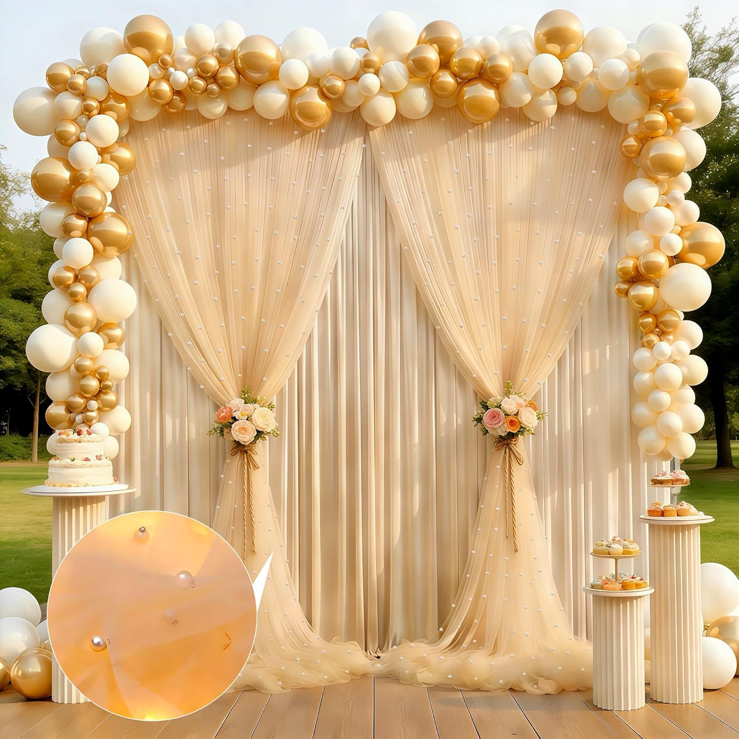 Champagne Pearl Tulle Backdrop with LED Lights for Weddings & Events