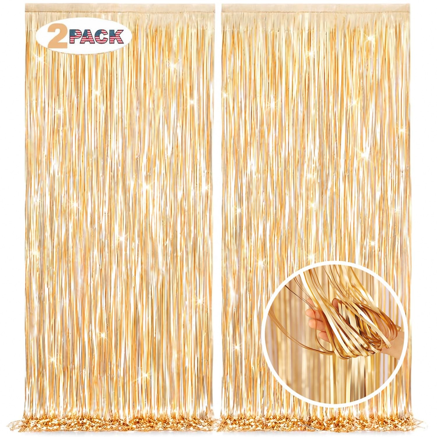 2 PCS Light Gold Backdrop Curtains 6.6×9.8 FT Matte Foil Fringe Streamers