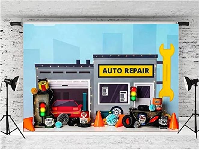 Auto Repair Shop Boys Birthday Party Photography Backdrop Automobile 8ft×6ft