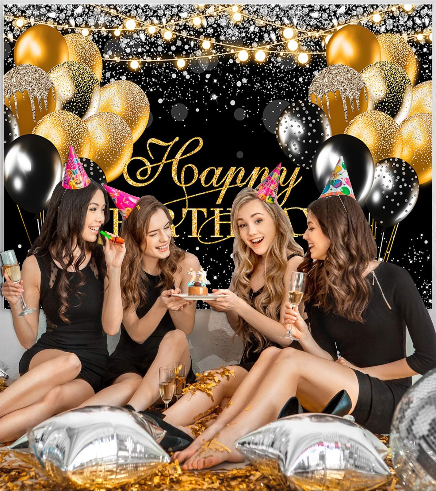 Black Gold Happy Birthday Backdrop Banner Men Birthday Party Decorations Glit…