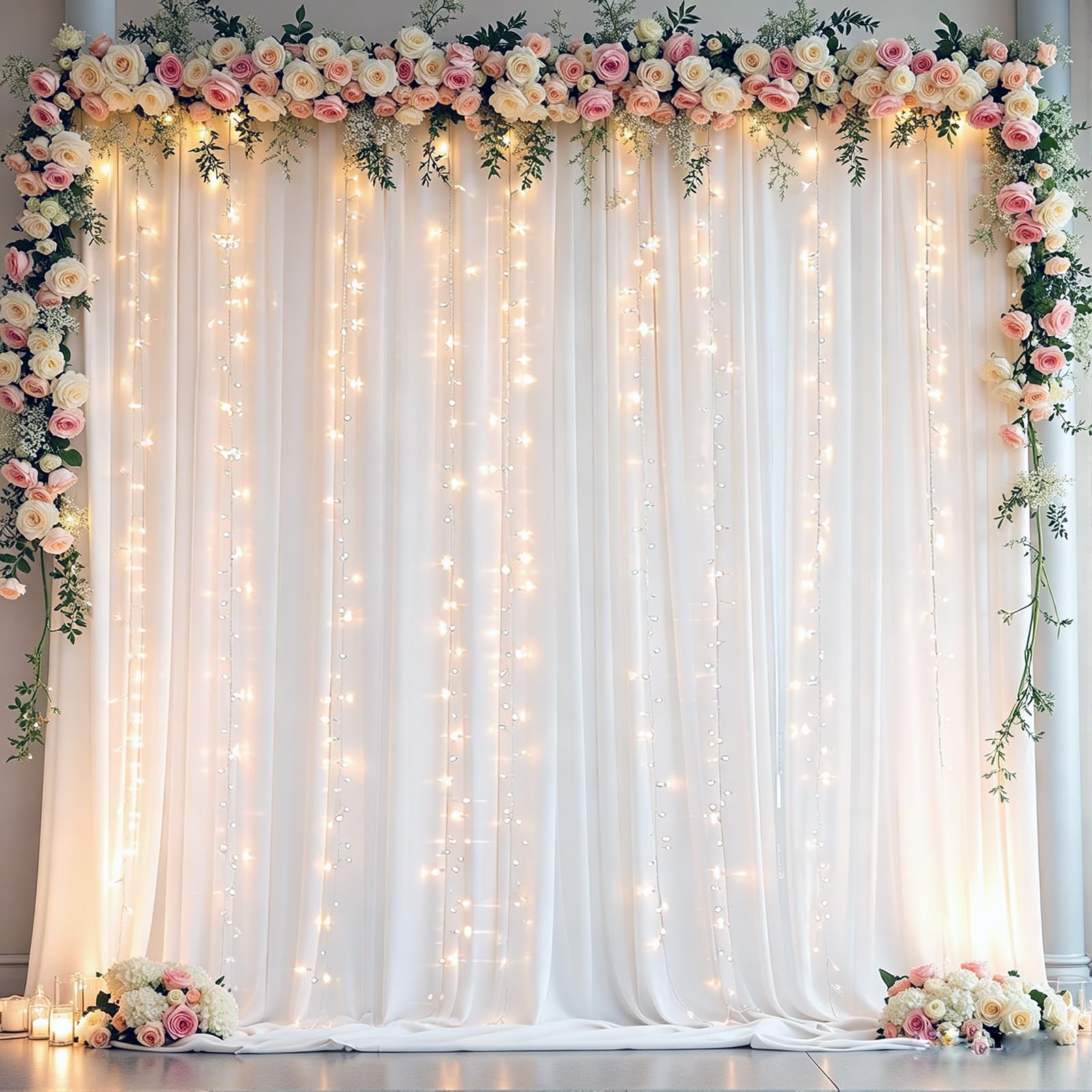 2 Panels 5 x 10 Ft White Backdrop Curtains Lights String Polyester Wrinkle Free