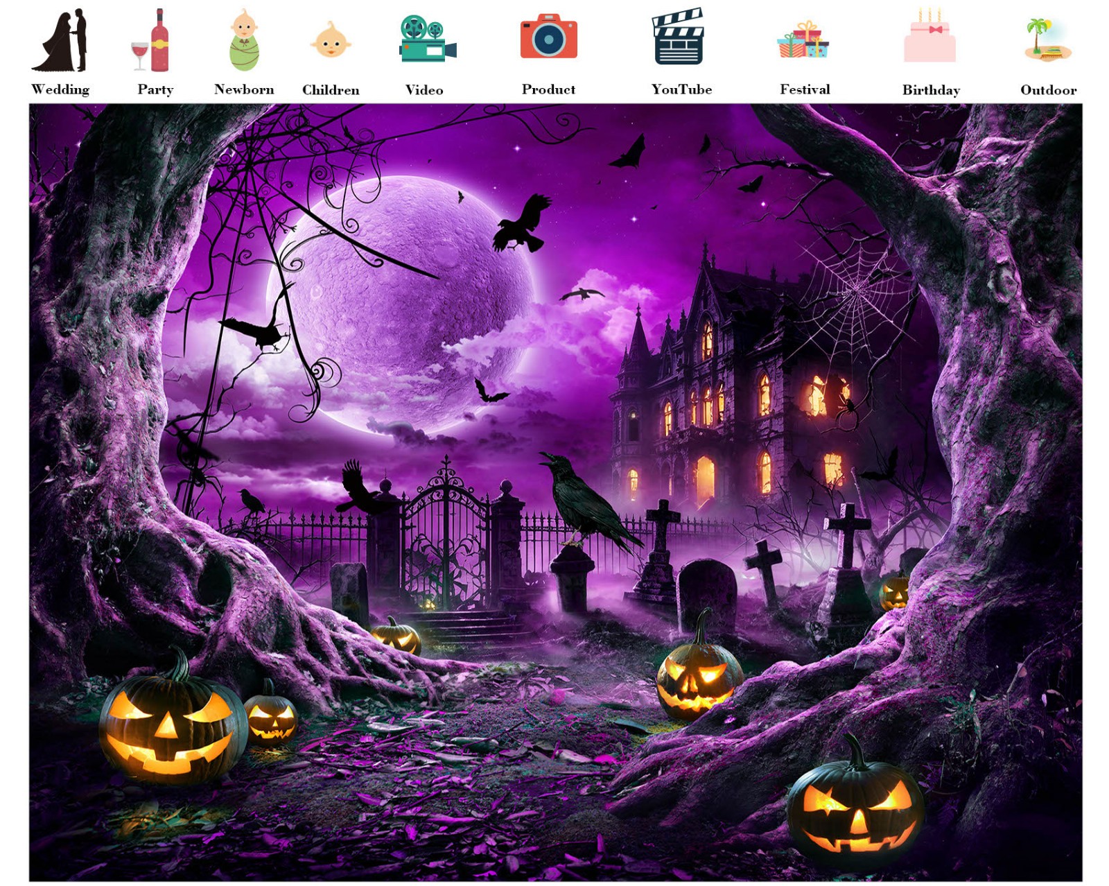 10x8ft Spooky Halloween Backdrop Spider Web Cemetery Background for Photography