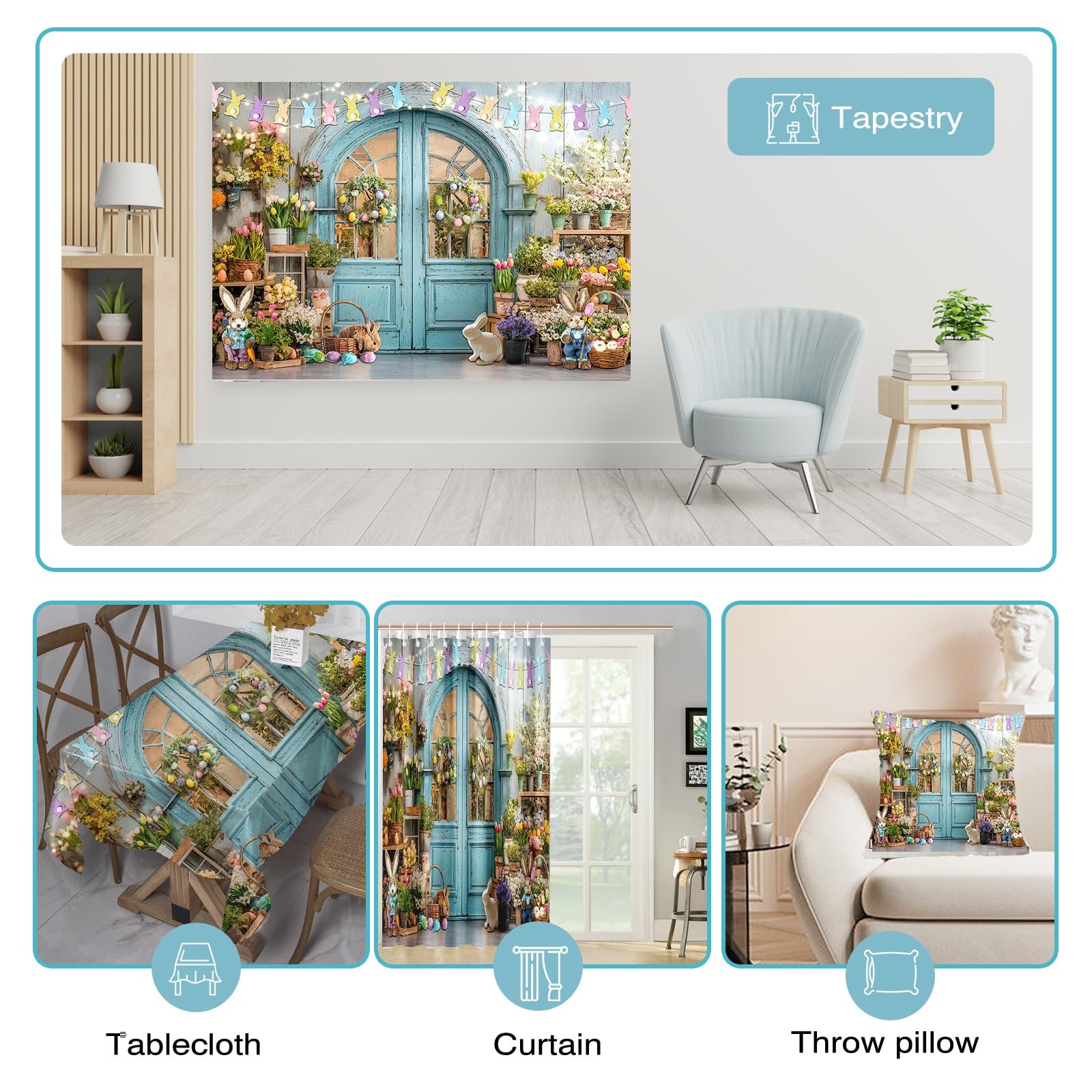 Easter Backdrop Blue Wooden Doors Brick Bunny Rabbit Photo Banner Spring Shop..