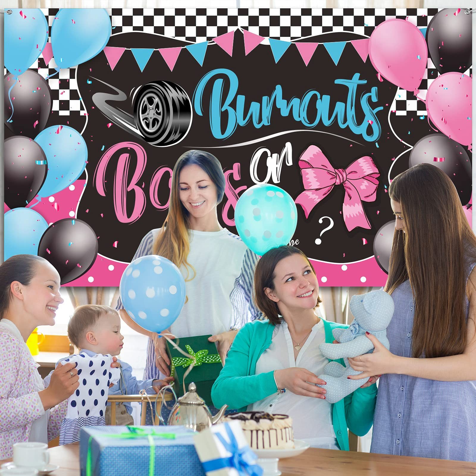 Burnouts or Bows Gender Reveal Decoration 72.8 x 43.3 inch, Multicolor