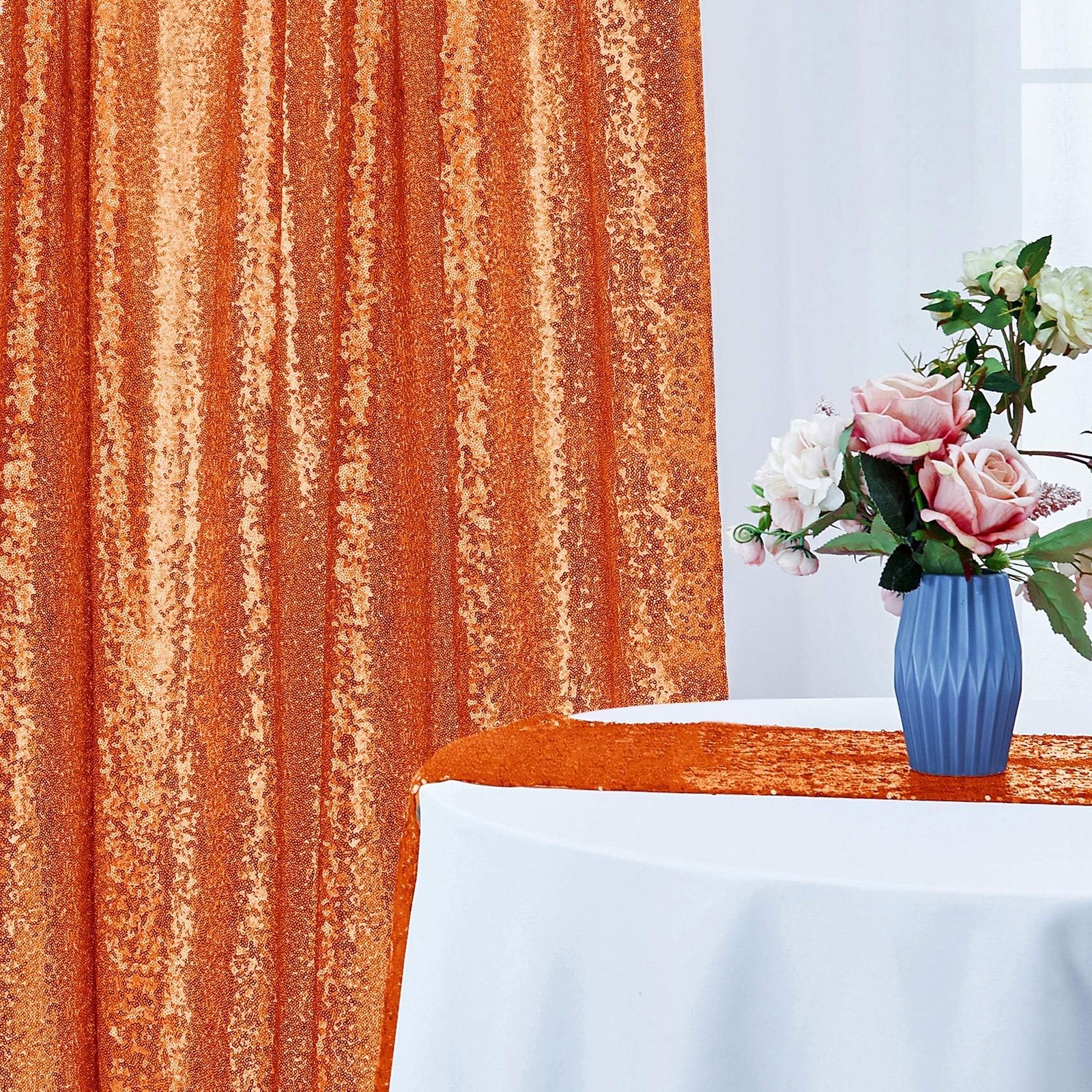 Orange Sequin Backdrop Curtains Glitter Fabric Background 28FT 2 PCS Panels
