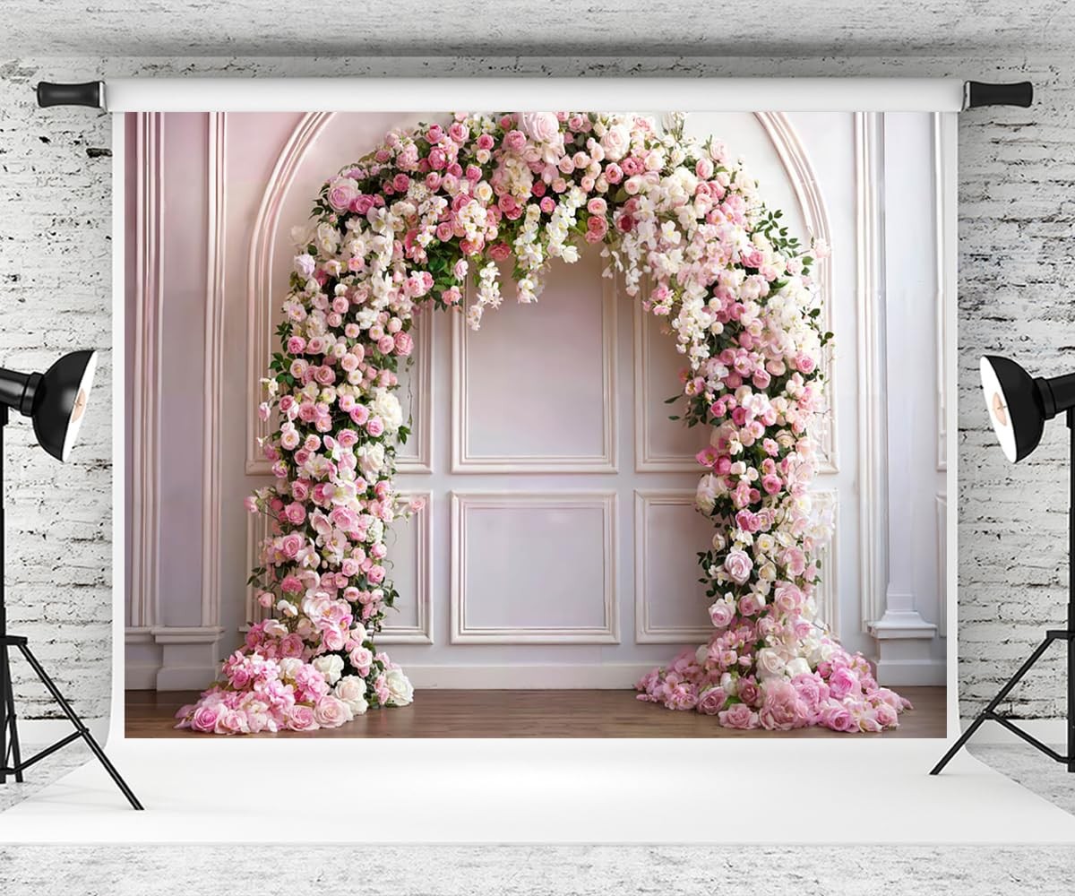 Pink Spring Indoor Empty Room Flower Arch Photography Background 7x5ft Mat