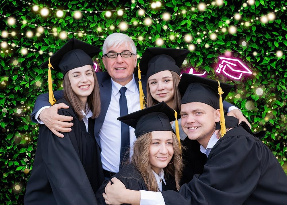 2025 Congrats Grad Backdrop Green Leaves Graduation Decoration Pink 7x5ft