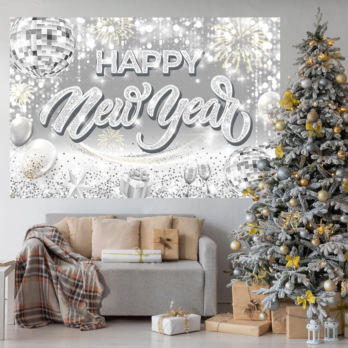 Happy New Year Backdrop-New Years Eve Party 5.9 feet x 3.6 feet, Silvery