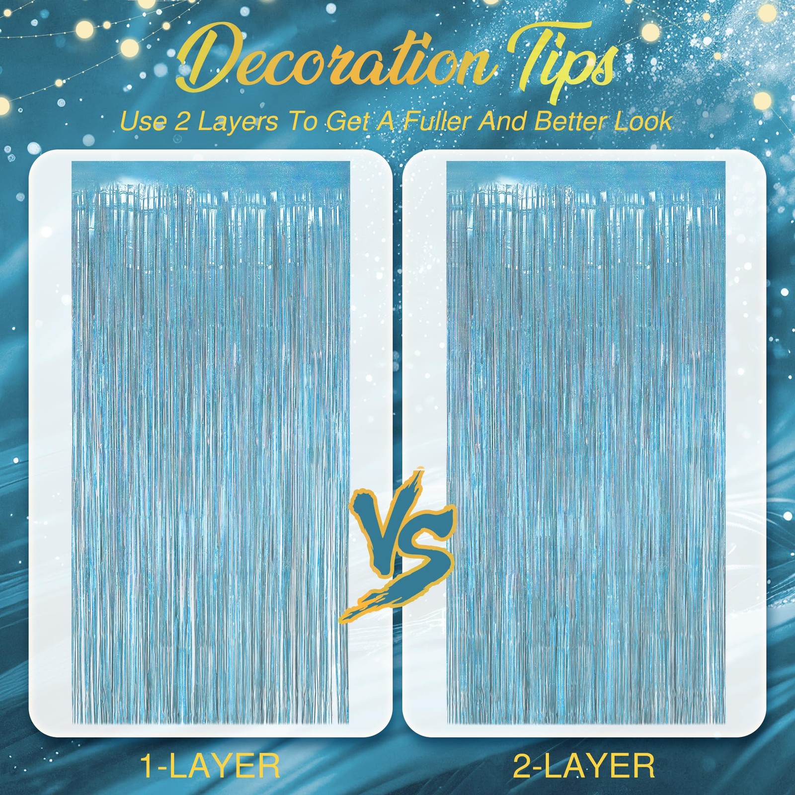 2 Pack Holographic Light Blue Fringe Backdrop 3.2×8.2 Ft Foil Tinsel Curtain