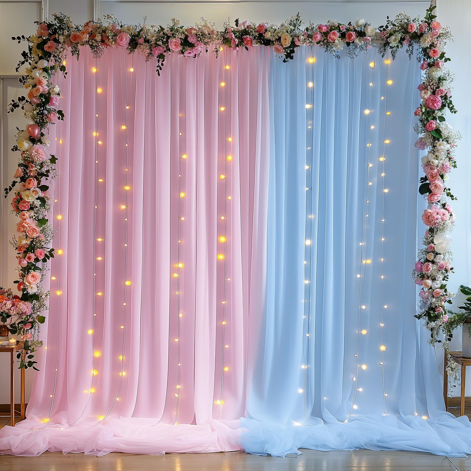 10×10ft Pink Blue Tulle Backdrop Curtain with Lights String for Parties, Shee…