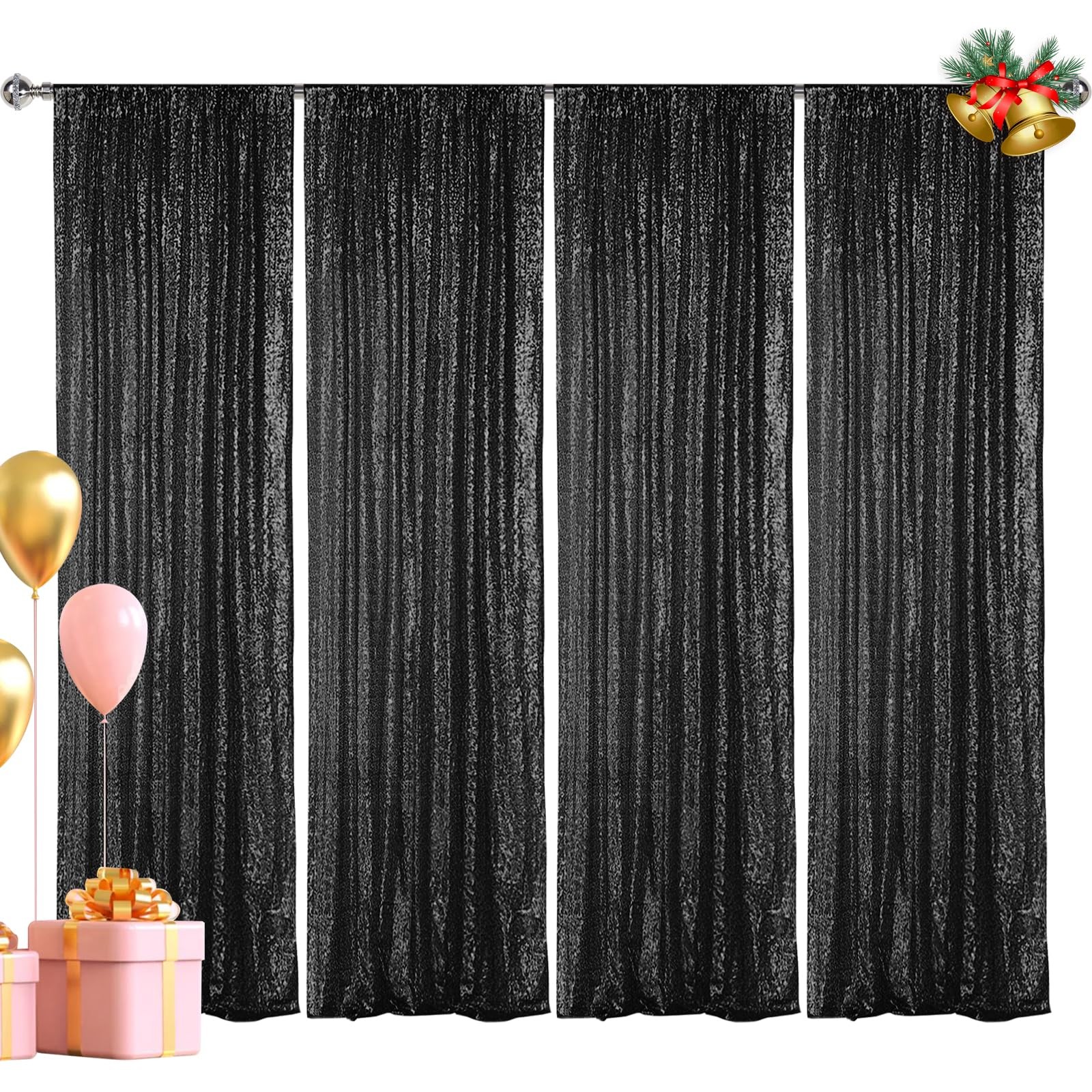 4 PCS 2x8FT Black Sequin Backdrop Curtain Glitter Panel Party Decoration
