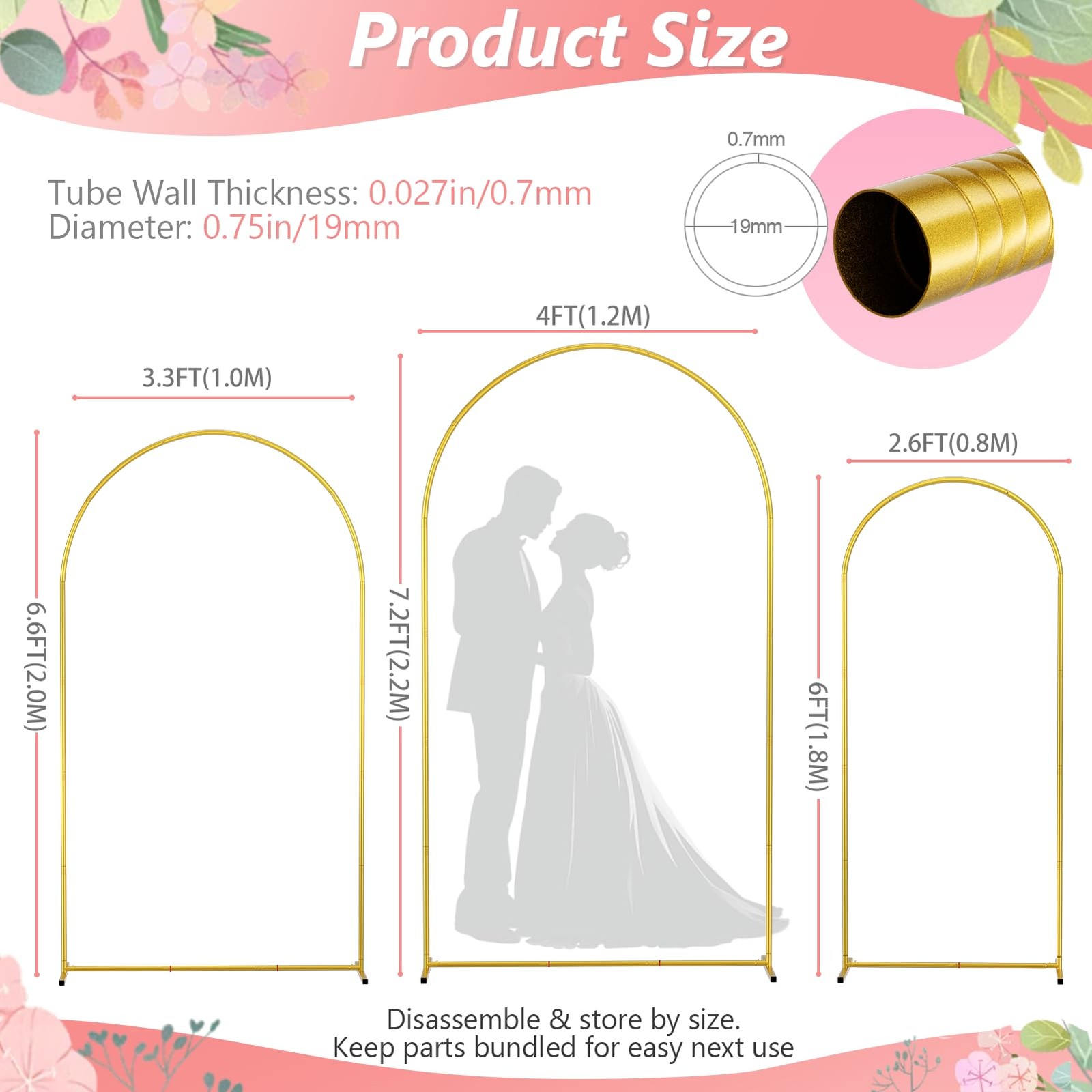 Metal Arch Backdrop Stand Set of 3 (7.2FT/6.6FT/6Ft) Wedding Arch Frame with …