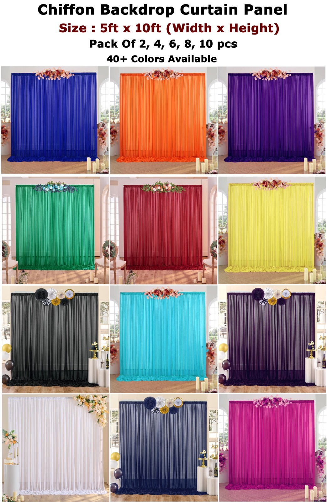 5′ x 10′ Chiffon Backdrop Panel Curtain PhotoBackground Wedding Arch Stage Décor