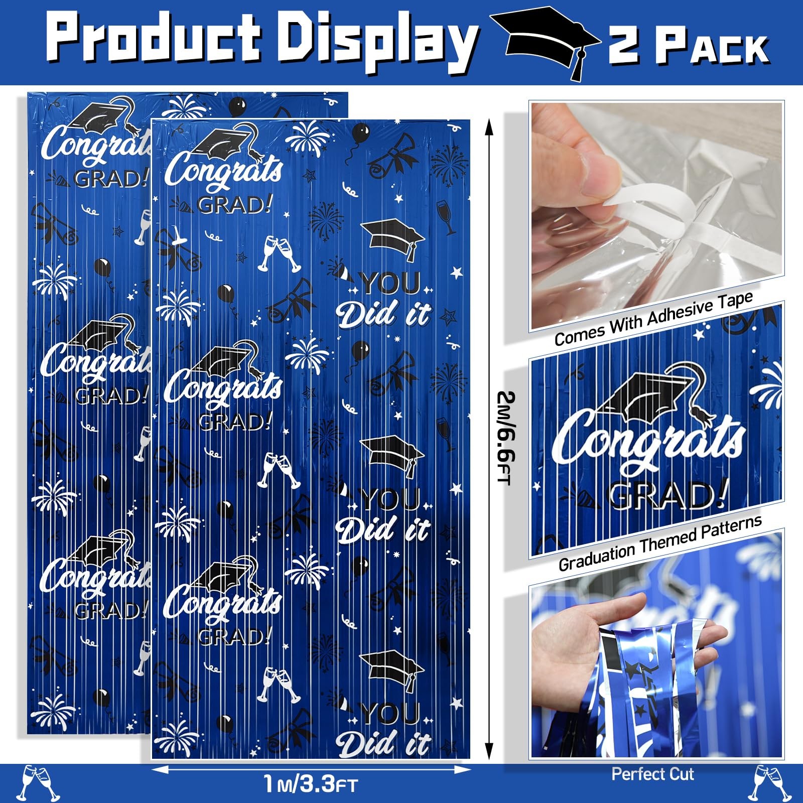 2025 Graduation Foil Fringe Curtains 2 Pack 3.2×6.5 ft Blue Black Graduation …