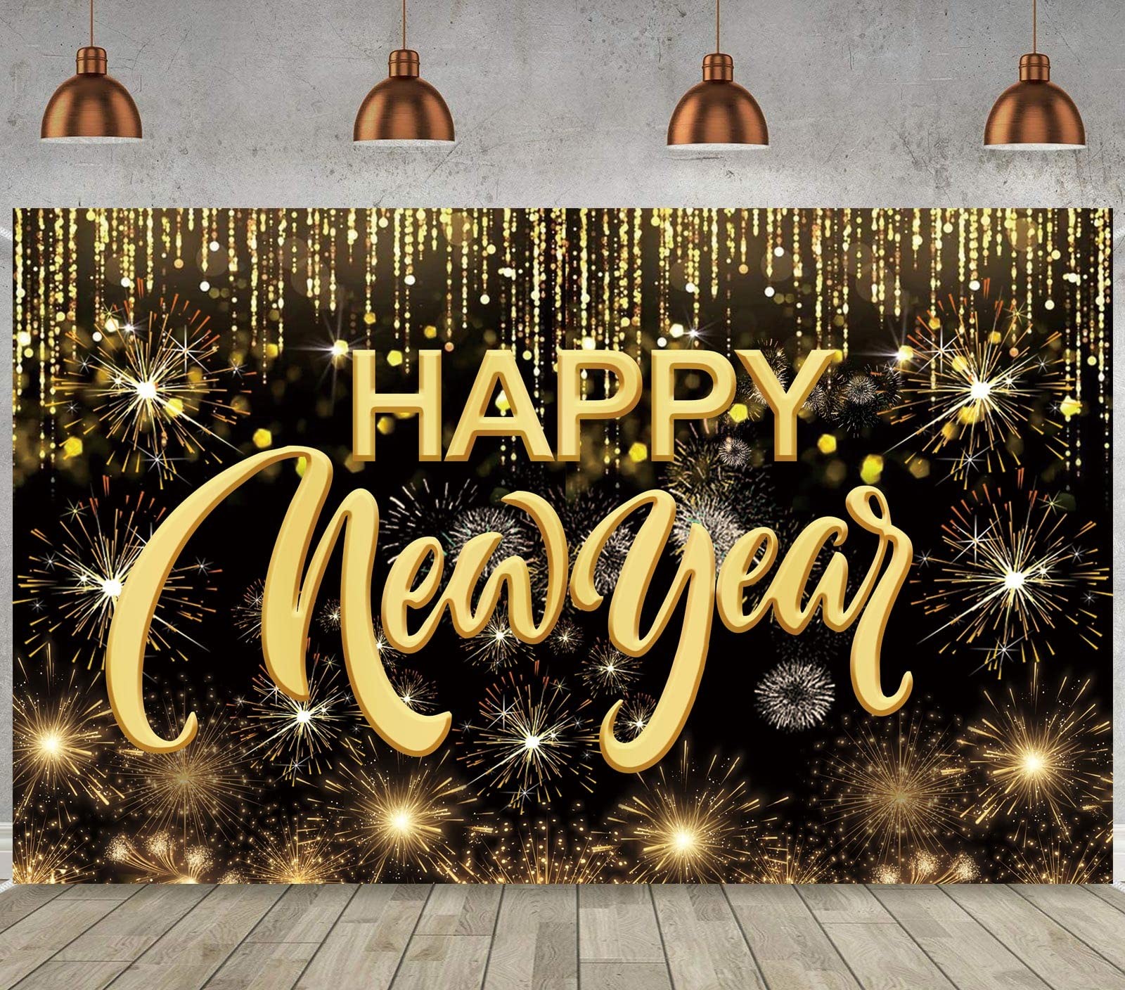 Happy New Year Hanging Extra Large Fabric 43.3 inches x 70.8 inches, Gold