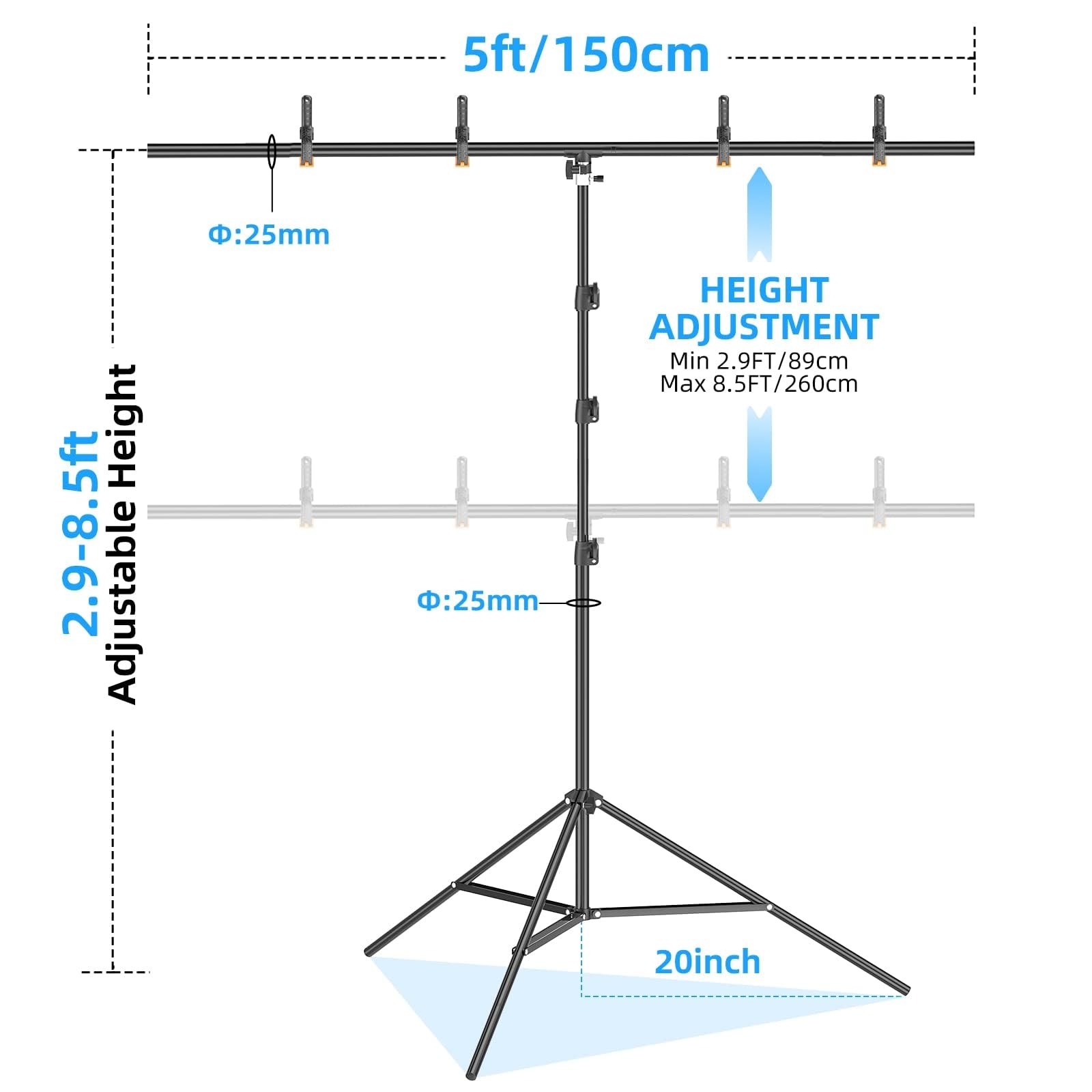 8.5 x 5ft Portable T-Shape Backdrop Stand Kit with Adjustable Frame, 4 Spring…