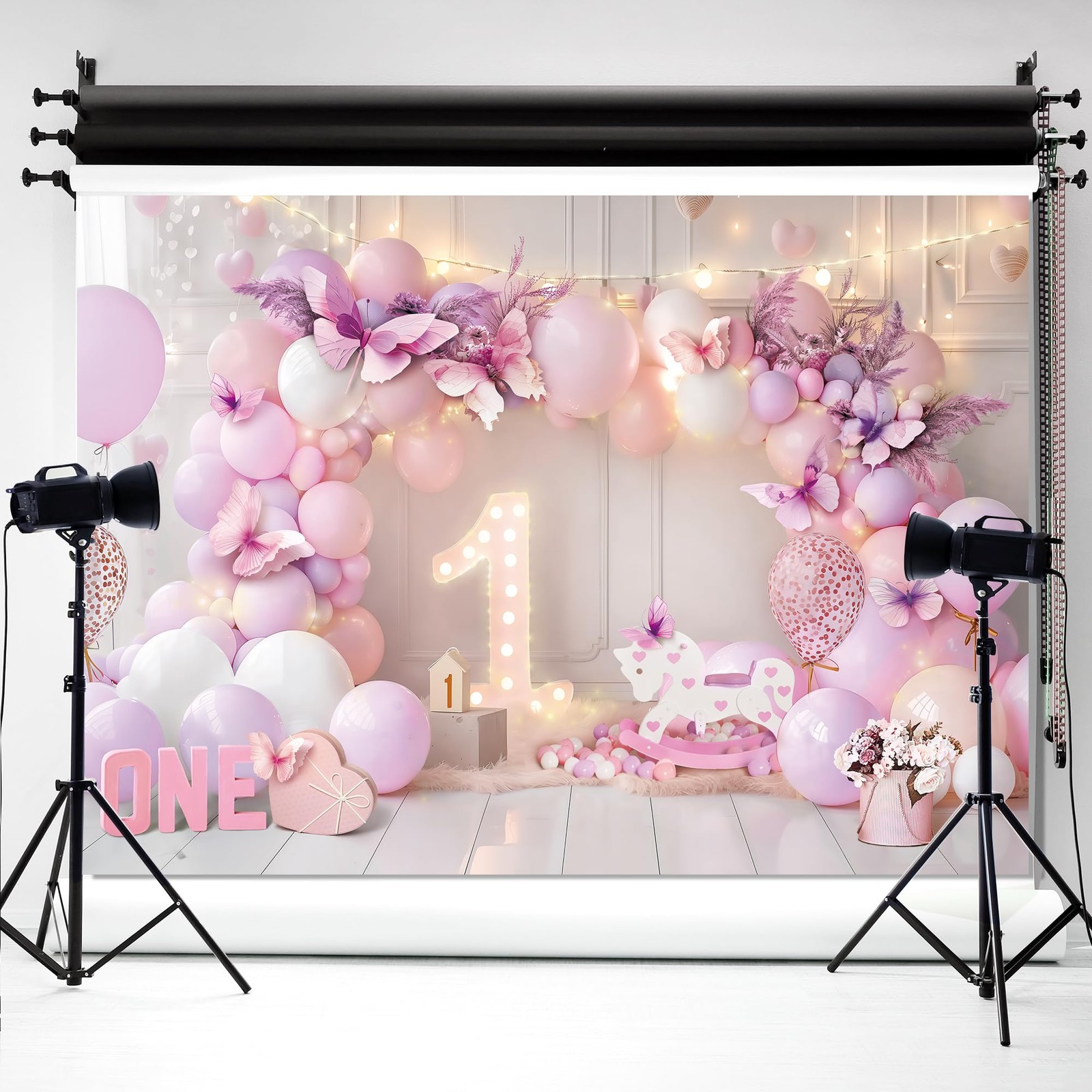 Girl 1st Birthday Backdrop 7Wx5H Feet Purple Pink Princess Balloons Lights Bu…