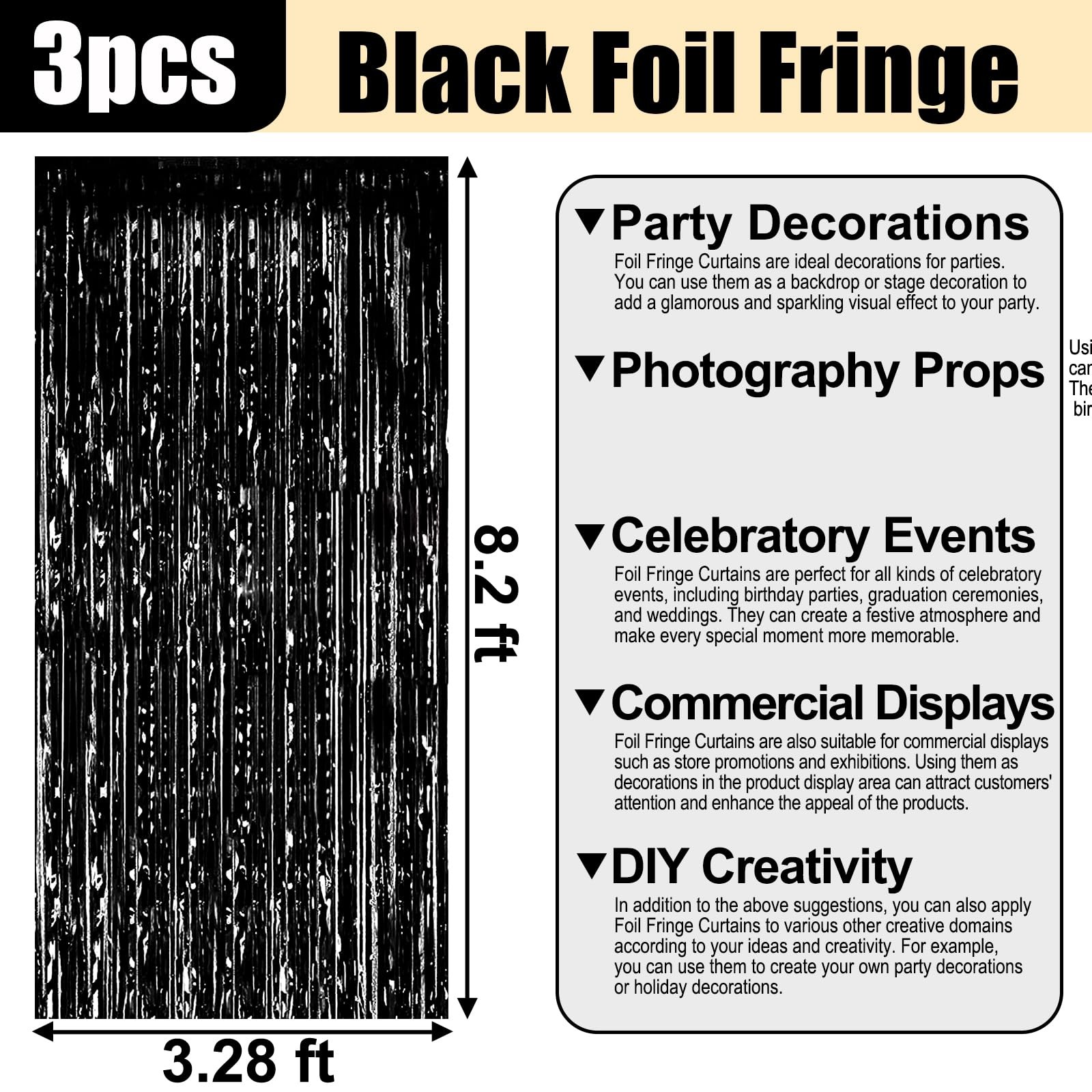 3 PCS Black Foil Fringe Curtain Backdrop 3.28×8.2 Ft Metallic Photo Booth