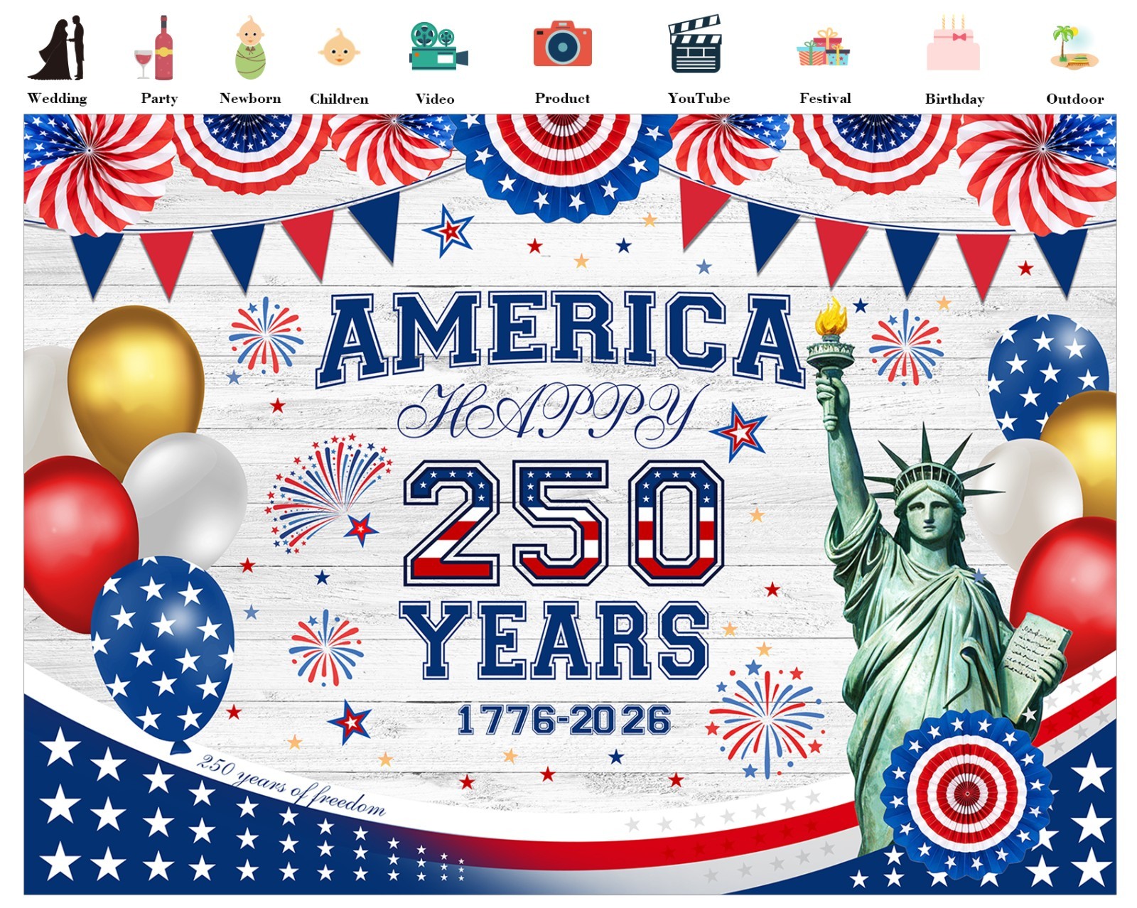 10x8ft America 250 Backdrop 4th of July 250th Anniversary Photo Background