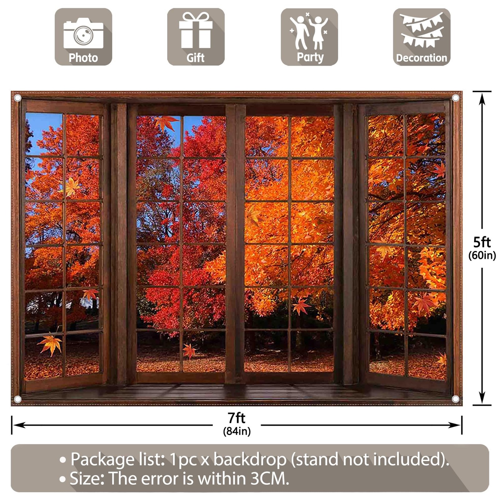 7x5ft Fabric Fall Window Backdrop Autumn Landscape Maple Leaves Forest Scener…