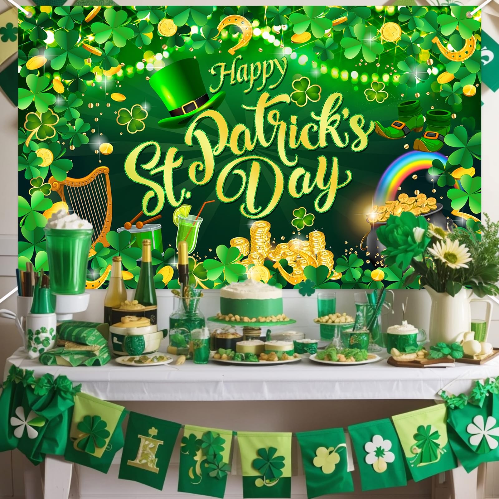 Happy St. Patrick’s Day Backdrop Banner Spring Lucky Green Shamrock Backgroun