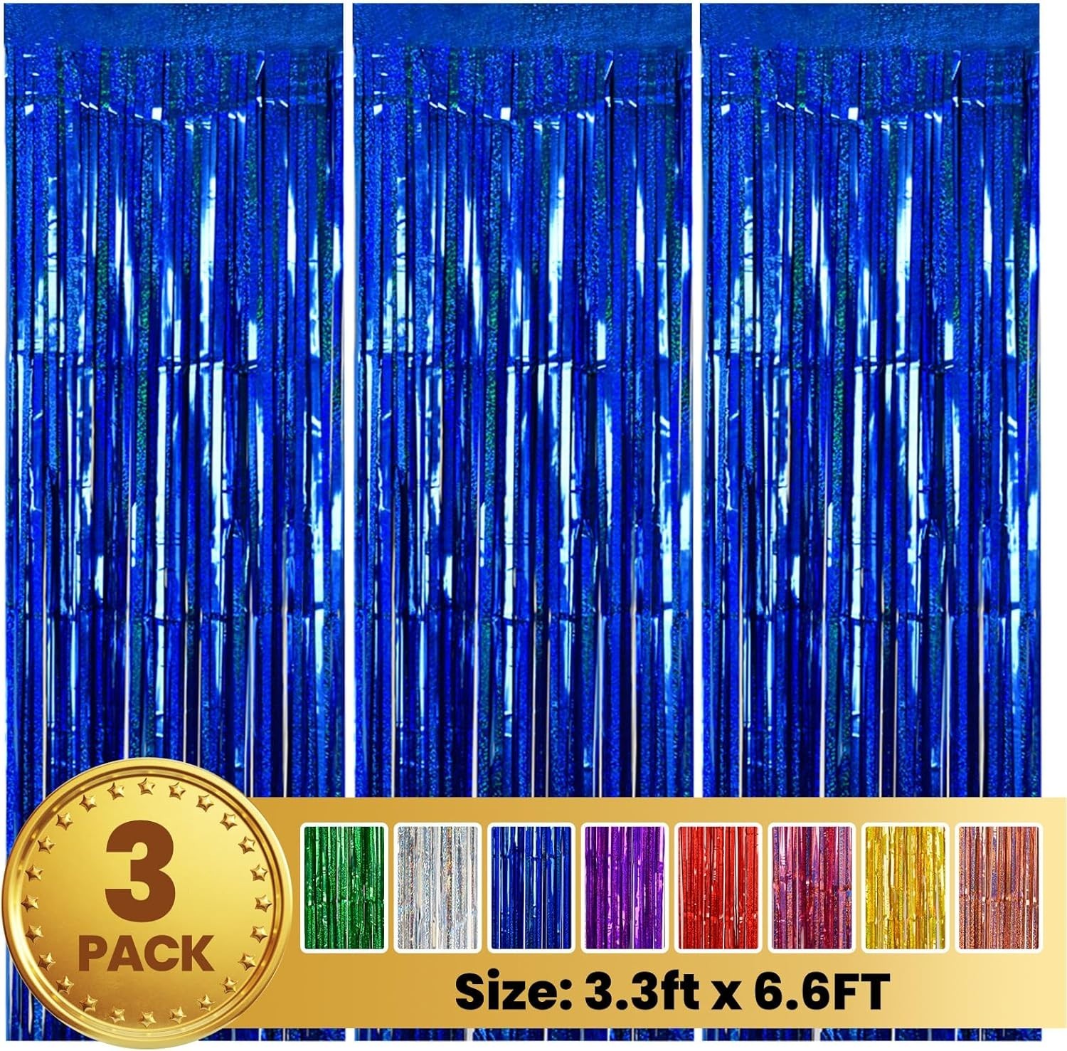 3 Pack Blue Foil Fringe Backdrop Curtains for Parties and Celebrations