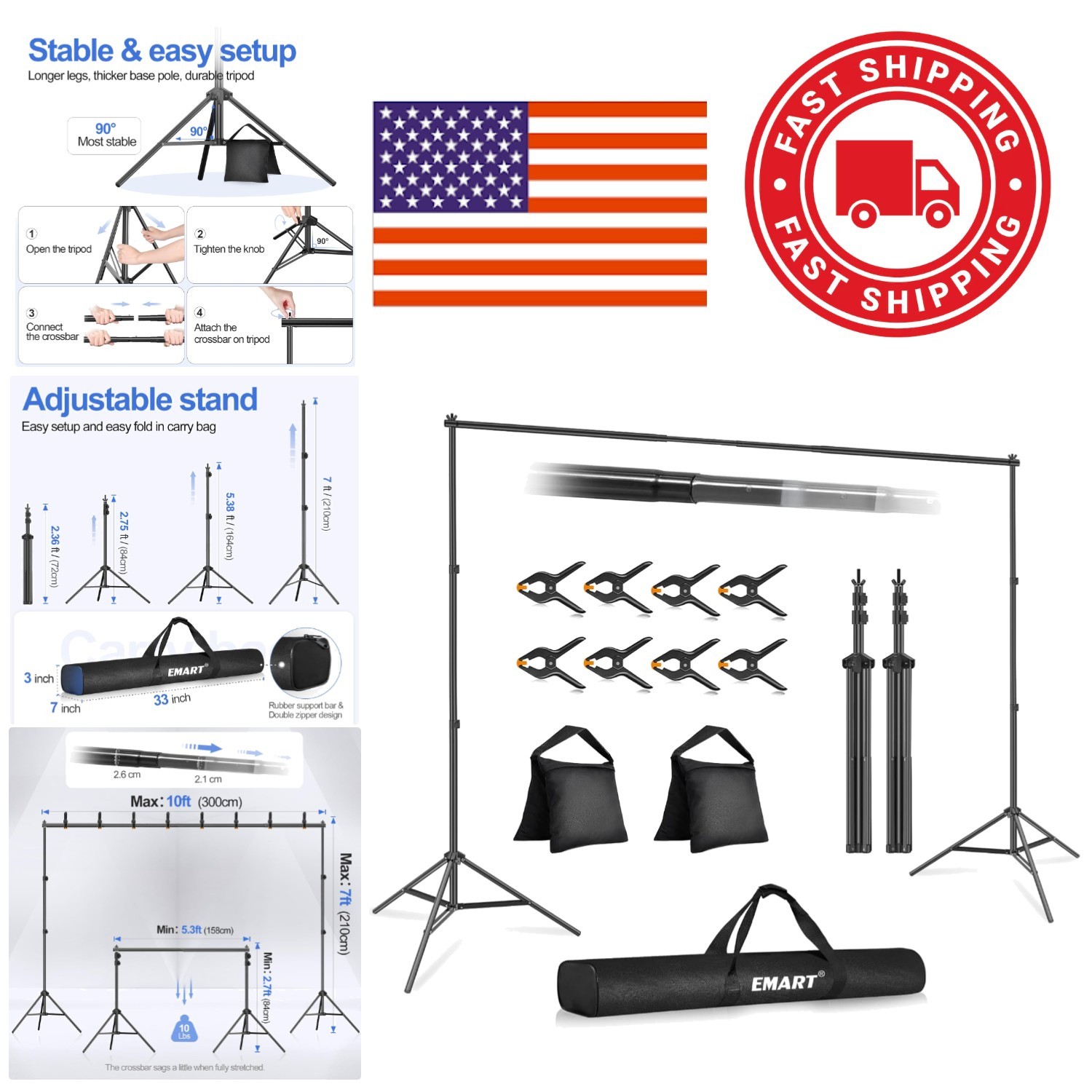 Backdrop Stand 10x7ft Adjustable Aluminum Support Kit with Crossbars and Clamps