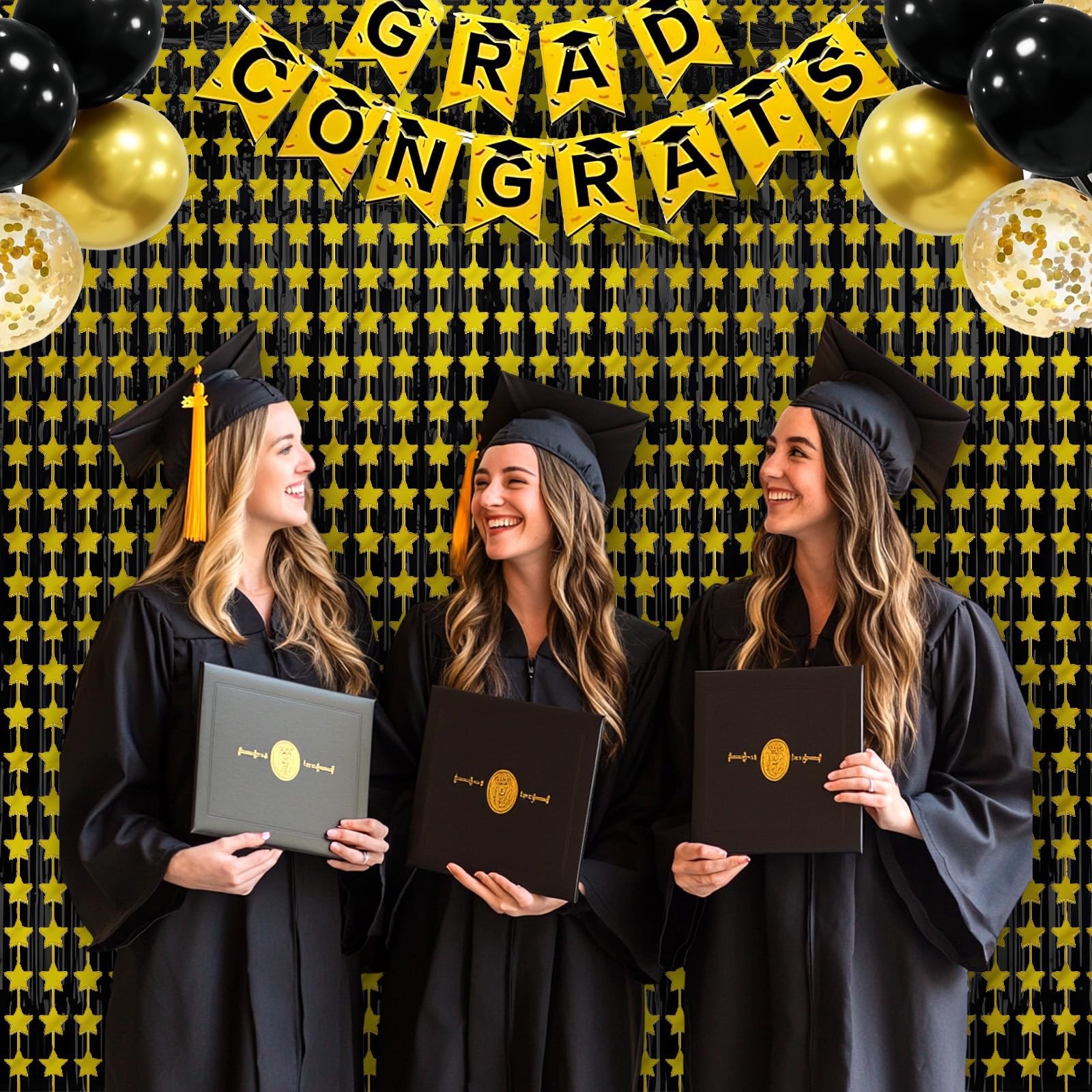 4 PCS 3.3×6.6ft Black Gold Star Tinsel Fringe Curtain Backdrop