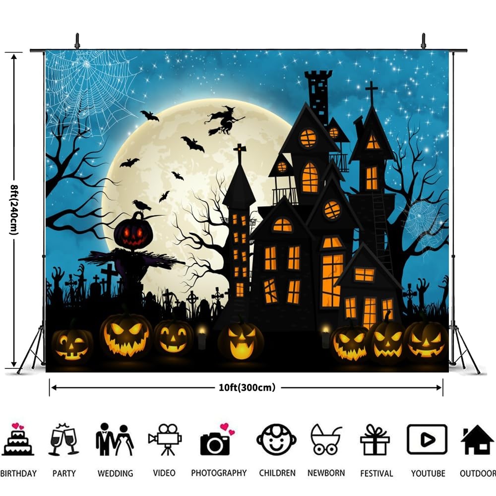 10×8 FT Halloween Backdrop Haunted House Graveyard Pumpkin Castle Background