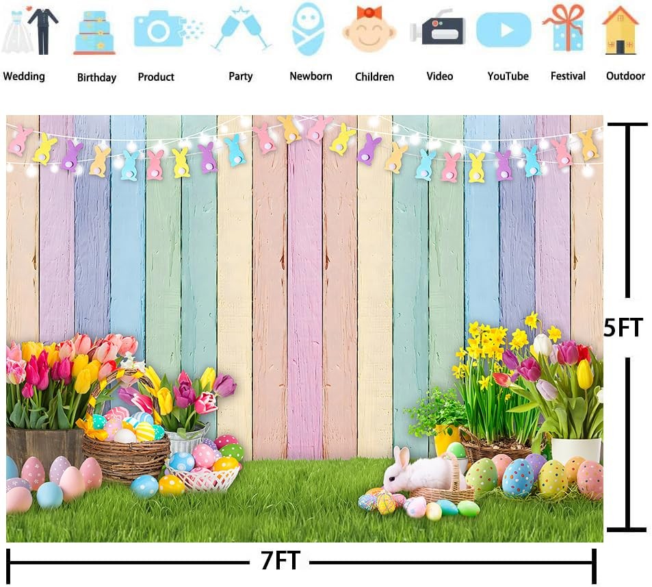 Easter Colorful Wood Backdrop Spring Flowers Green Lawn 7x5FT（210x150cm）
