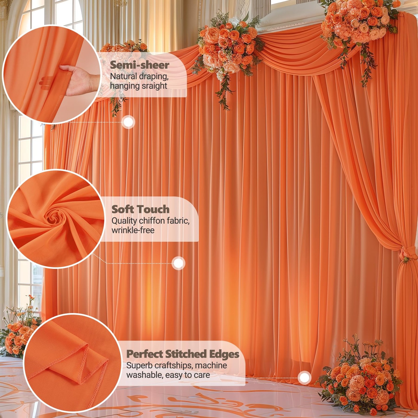 10x10ft Orange Backdrop Curtain Wrinkle-Free Sheer Chiffon Drapes 2 PCS