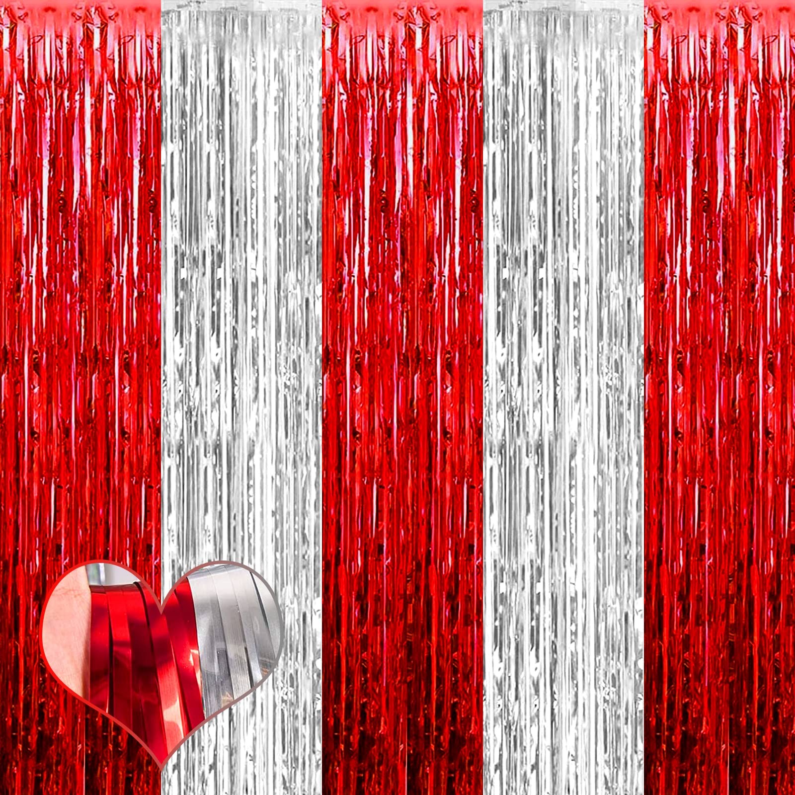 4 PCS 3.2×8.2Ft Red Silver Fringe Curtain Backdrop Metallic Tinsel Foil