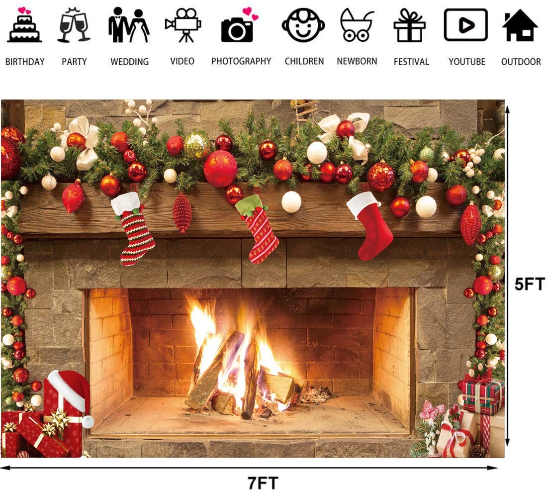 Christmas Fireplace Backdrop 7x5ft – Festive Holiday Mantel 7x5ft, Multicolor