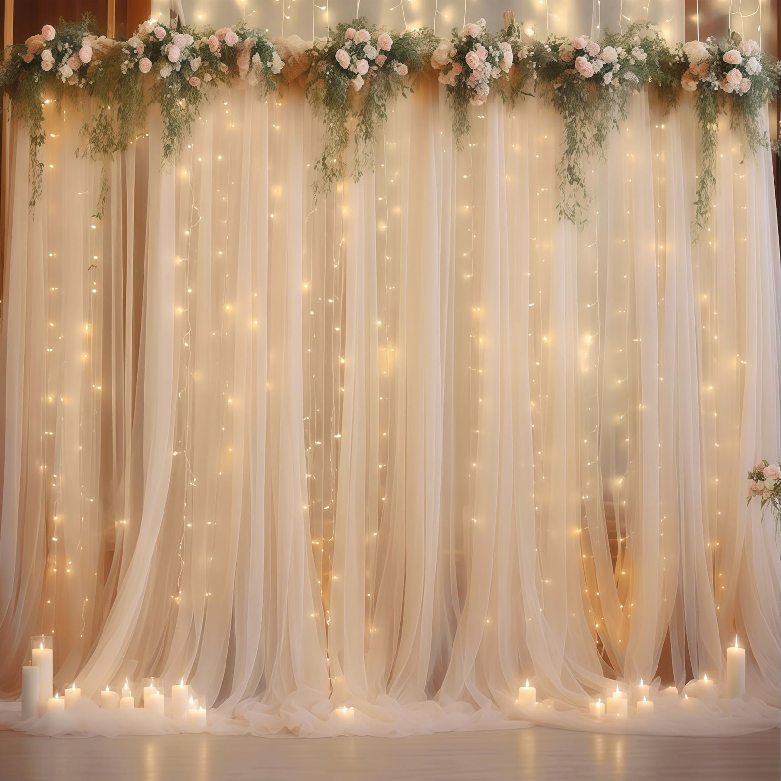 10×10ft Champagne Tulle Backdrop Curtain with Lights String for Parites, Shee…