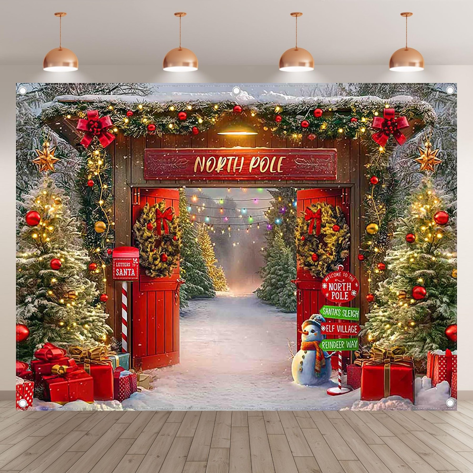 8x6ft Fabric Christmas Backdrop Winter Forest Wooden Barn Door North Pole Sno…