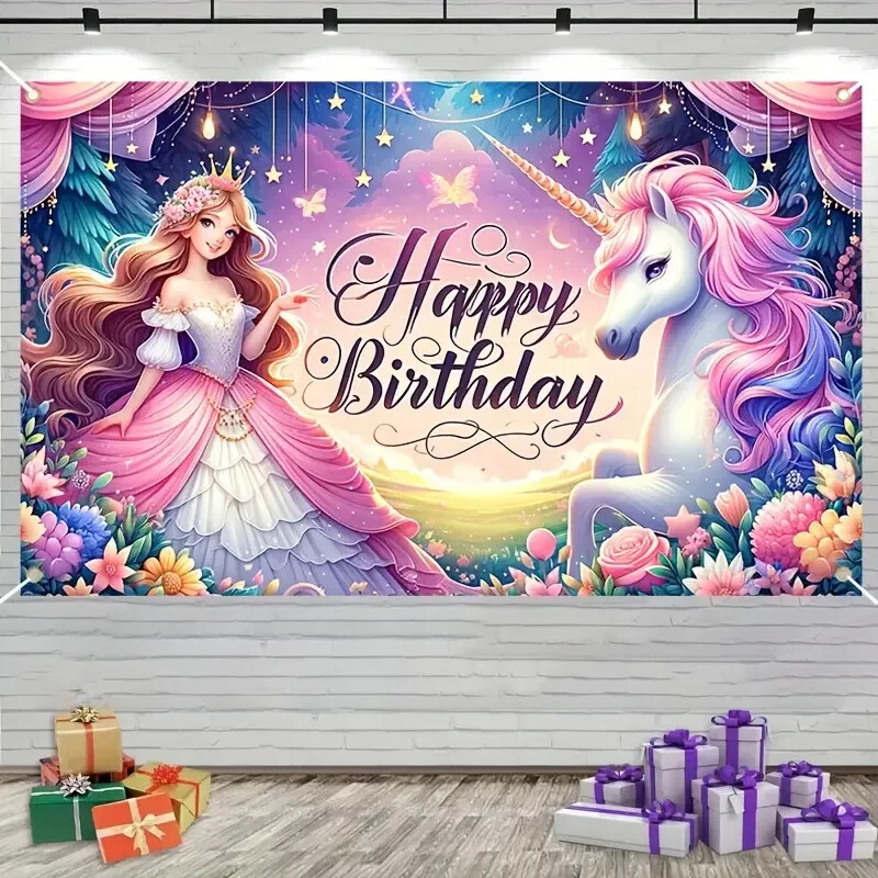 1pc Unicorn Birthday Banner, Princess Birthday Backdrop Cloth, Unicorn Birthday