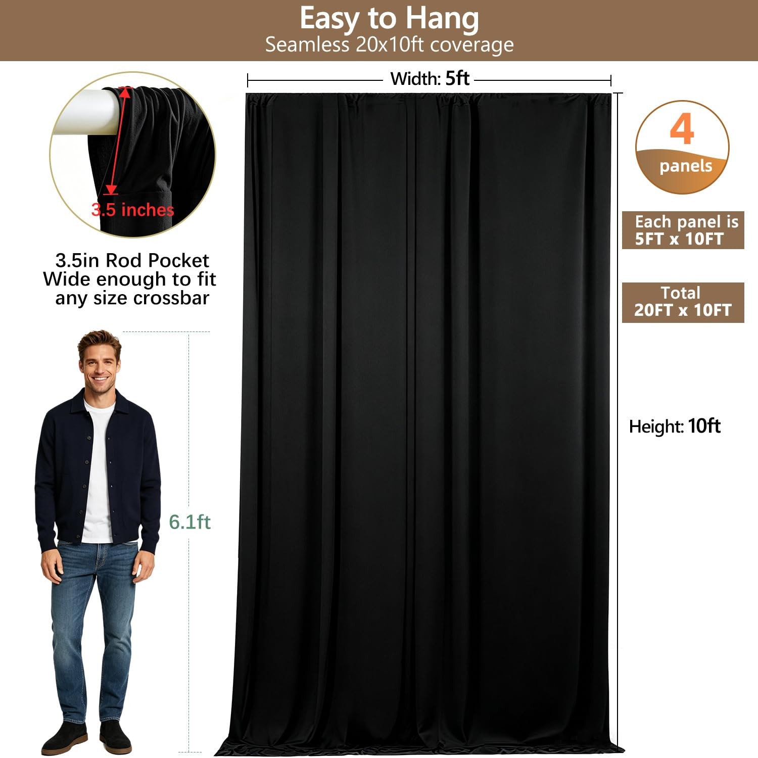 4 PCS 20×10 FT Black Backdrop Curtains Wrinkle Free Photo Draping Background