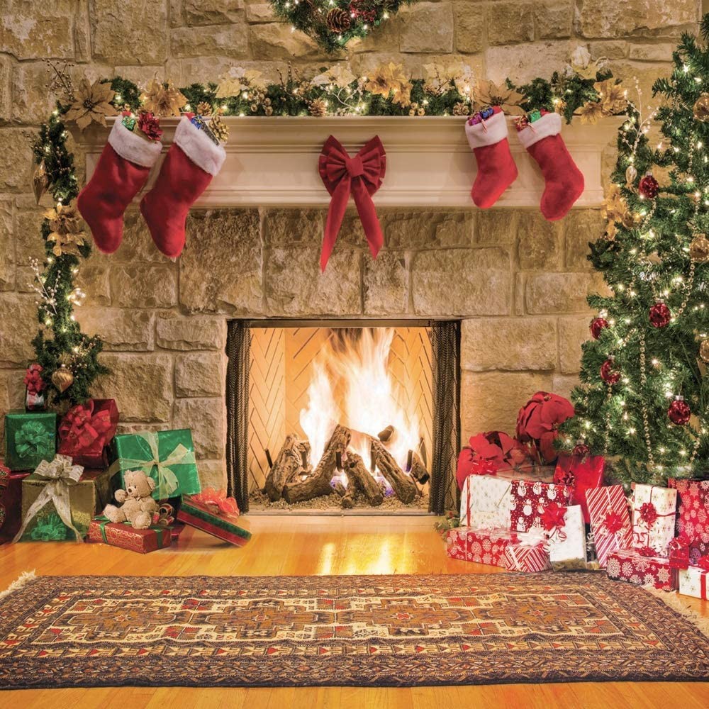 10×10 Ft Christmas Photography Backdrops Christmas Fireplace Backdrop Child Chri
