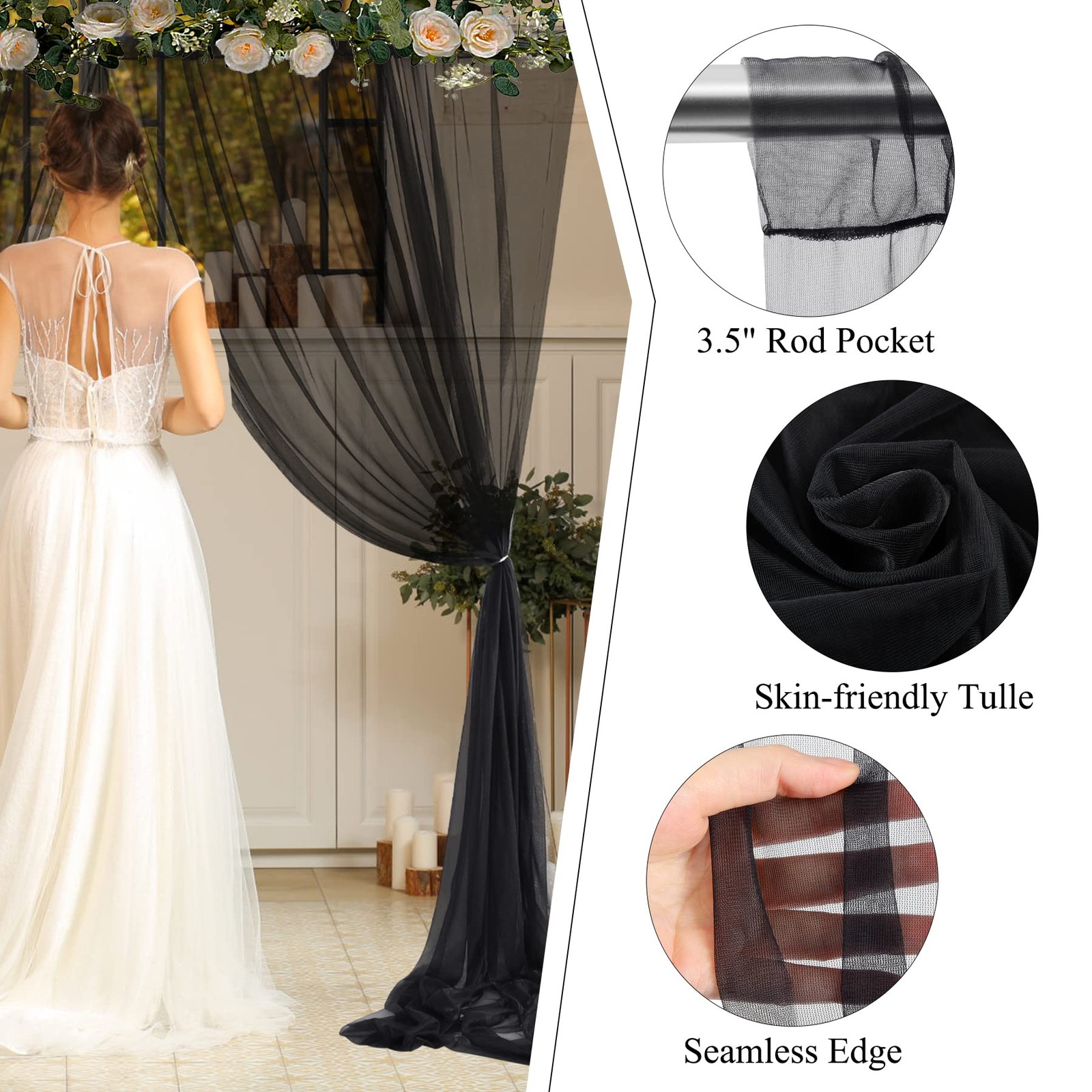 20ft x 10ft Black Tulle Backdrop Curtain Sheer Fabric Drapes Wedding Arch