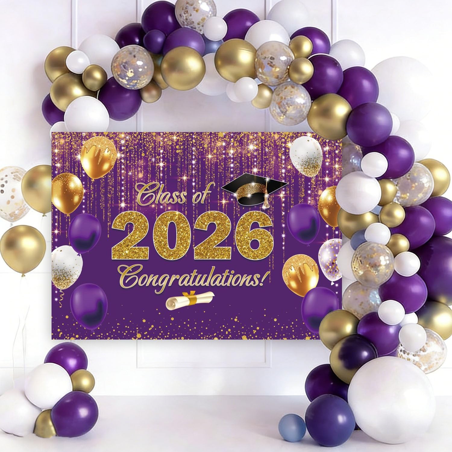 7x5ft Class of 2026 Party Backdrop, Purple and Gold Congrats Grad Backdrop Congr