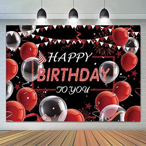 7X5ft White Red and Black Happy Birthday Photography Backdrop Balloon 7x5ft