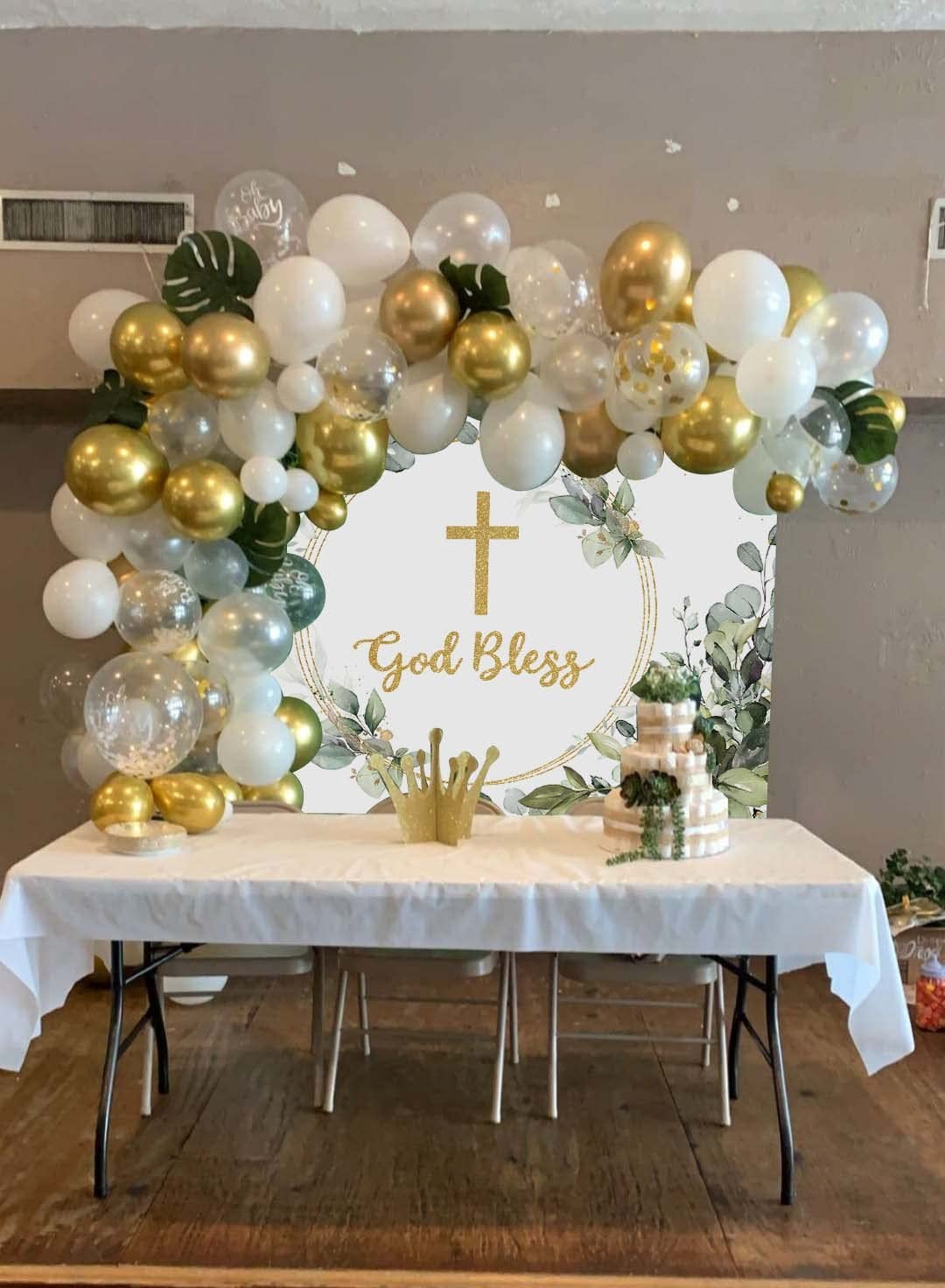 7x5ft Greenery “God Bless” Backdrop First Holy Communion Baptism Background