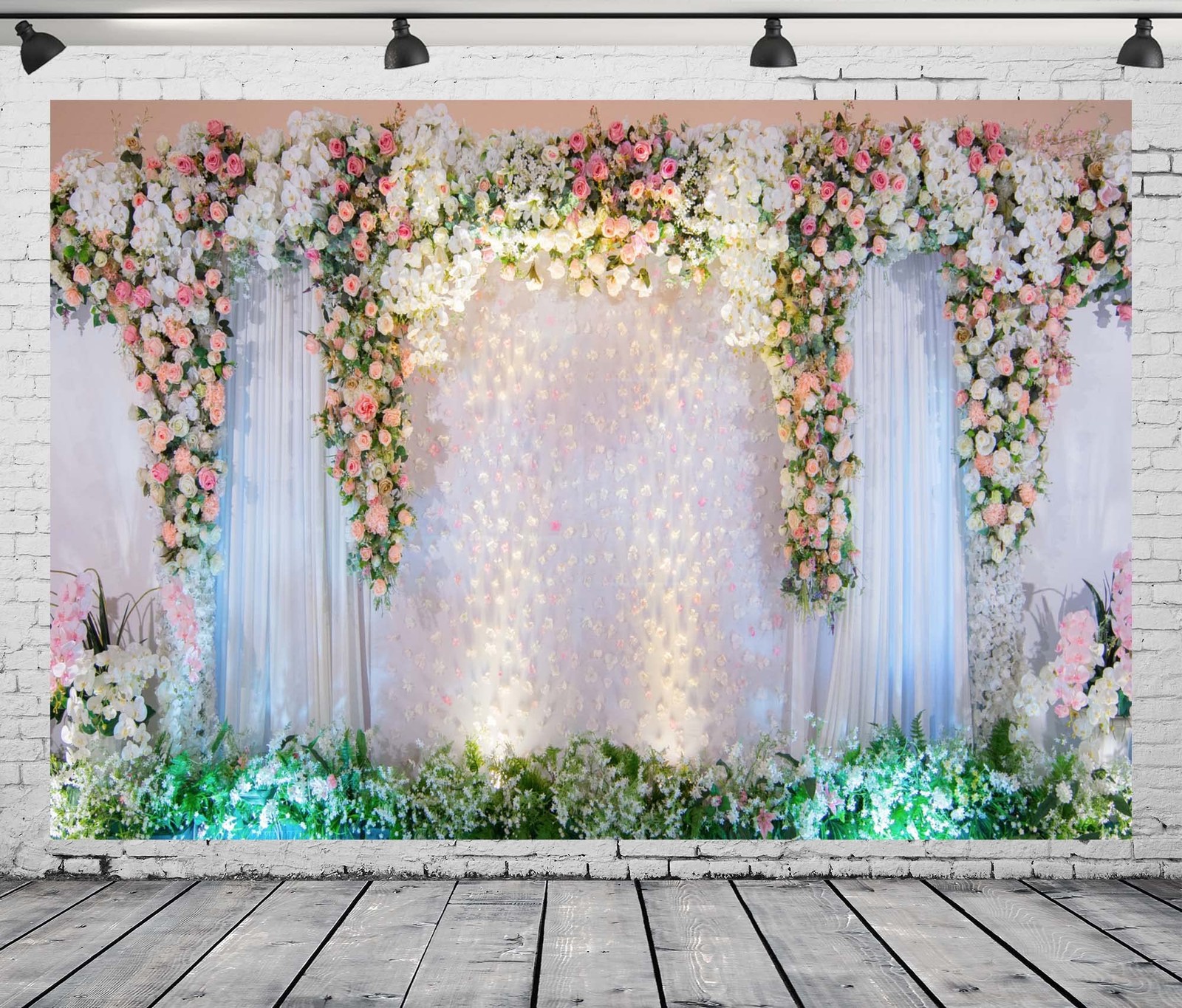 White Stage Curtain Wedding Backdrop Pink Rose Flowers Photo Background